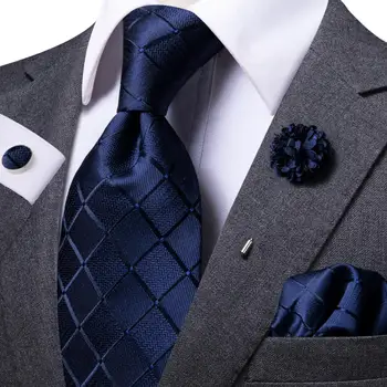 Мъжка Вратовръзка за Луксозни 8,5 см, тъмно-синя Коприна бизнес вратовръзка в клетката, Имат Квадратна Брошка-Родословни обици, Сватбен подарък за мъже, Дизайнерска вратовръзка Hi-Тай