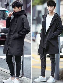 Пролетно-есенен Дълъг тренч, мъжки модни якета-windbreakers с качулка, черно палто, ежедневни якета голям размер
