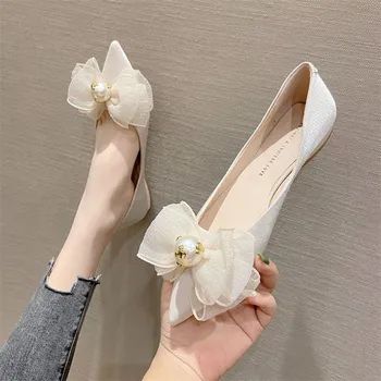 Дамски обувки 2023, Лятна новост, Мода обувки с остър пръсти и завързана цвете, Универсална ежедневни обувки на плоска подметка с малките си пръсти Голям размер