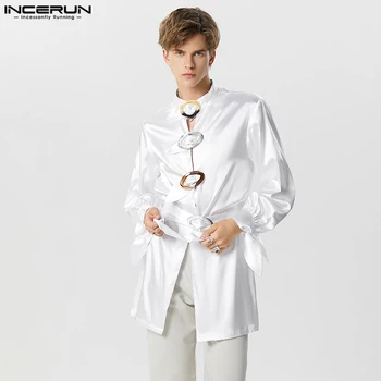 Модерен Мъжки Ризи с Кръгла Колан Копчета, Ежедневни Проста Однотонная Блуза със средна дължина, с дълги ръкави S-5XL, Върхове INCERUN 2023