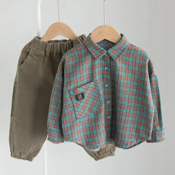 Комплект детски дрехи, пролет-есен нова детска риза в клетката за корейски момчета + панталони, комплект от 2 теми, детски случайни комплект