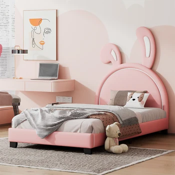 Двухразмерная кожено легло-платформа с модел на заек за вътрешни мебели, спални, розов