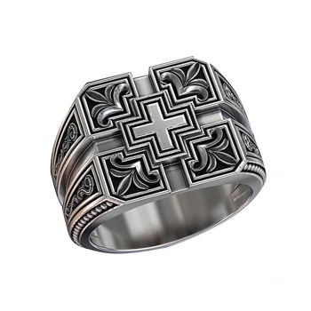Реколтата със сребърно покритие Цвят Издълбани пръстени с християнски Кръст, за Мъже, Класически Чар, Бижута Подарък