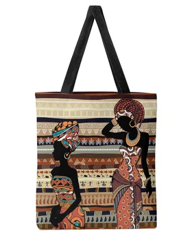Етнически стил, африкански жени, по-Голямата голям холщовая чанта-тоут за пазаруване за Многократна употреба еко-чанта за рамо и за студенти