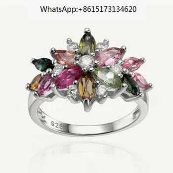 GEM'S BALLET Естествена Многоцветное Турмалиновое пръстен с Цвете От Настоящето 925 сребро, пръстени със скъпоценни камъни За жени, Изискани бижута