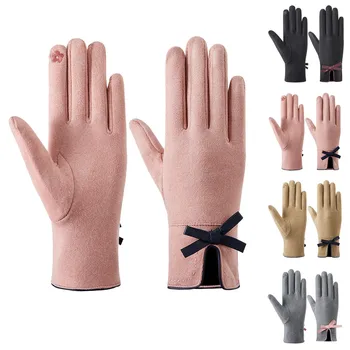 Дамски топли ръкавици за езда на открито, сладък лък, Плюс флисовые Нескользящие ръкавици за сензорен екран За жени, Изолирана в студено време