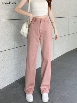 Дънки Дамски Розови Директни, универсална ежедневна градинска дрехи, пролетни обикновена панталони пълна дължина с висока талия за почивка В японски стил, прости