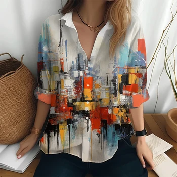 Есенна Мода Ежедневни Риза Градинска Свободна Риза Голям Размер, Однобортная Риза с 3D Принтом City Размисъл