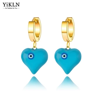 YiKLN Етнически Сини турски Очите Обеци-халки със сърца за жени и момичета, обеци от неръждаема стомана, ръчно изработени с глазура, колиета YE22198