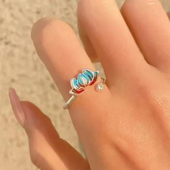 Реколтата със сребърно покритие Эмалевые пръстен със синьо цвете лотос, Регулируеми пръстени с точна гравиран с отворен контур, пръстен с lotus, Романтичен подарък за момичета