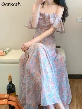 Женствена рокля с цветен модел и отворени рамене, винтажное френското елегантна Секси лятна рокля с цепка, нежен деликатен темперамент Обличам Секси, сладък дизайнер
