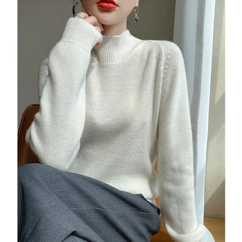 Жена вязаный пуловер, Пуловери с дълги ръкави, Есен-зима, топло обикновен пуловер, Фин топ с имитация на вратата