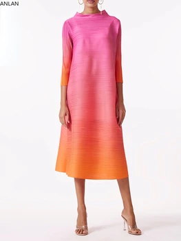 Модно плиссированное рокля ANLAN, с наклон за жени, Поло с дълги ръкави, Розово-оранжеви рокли, Дамски дрехи 2023, Лятна новост 6K219