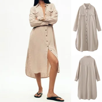 UNIZERA 2023 Лятна Нова Дамски дрехи в Европейския и американския стил, Свободно и фино ленено рокля Midi 8367046
