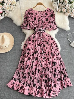 Лятото Винтажное плиссированное дълга рокля с флорални принтом, Елегантна рокля с V-образно деколте, Пищни Рокля с къс ръкав, черно/розово/Бяло/Бежевое рокля Макси, Новост