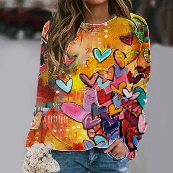 Пролетно-есенен Женски Пуловер с кръгло деколте, пуловер с геометричен модел на растения и цветя, Модерни ежедневни блузи