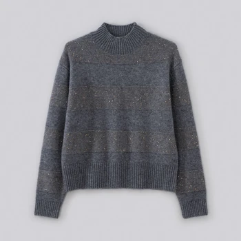 Есенно-зимния нов дамски пуловер в кашемировую ивица с полувысоким яка 2023, женски вязаный пуловер с пайети, всекидневни универсален пуловер