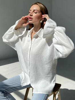 2023 Есен-зима, дамски однотонная бяла офис свободна риза с дълъг ръкав, блузи, елегантни дамски блуза за жени