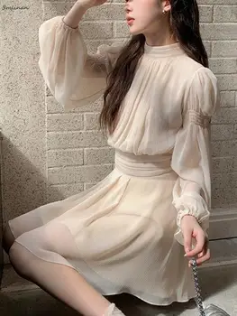 2023, Пролетен комплект дрехи от 2 теми, дамски блуза с дълъг ръкав, мини-рокля Y2k, Офис дамски Елегантни корейски модни костюми чист цвят