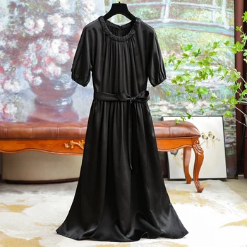 Висококачествен и лек луксозен коприна с ръкави през рамото си, свободното си черна рокля, женски темперамент, елегантни обикновена вечерни дълги поли