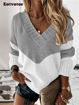 Eotvotee Пуловери в контрастен цвят за жени 2023, Зимни Всекидневни плетени калъф за Скок с V-образно деколте, Пуловер с дълги ръкави във френски стил, пуловер