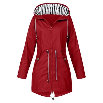 Women Solid Stripe Rain Jacket Outdoor Plus Waterproof Hooded Raincoat Windproof якета, есенни женски chaqueta mujer палто