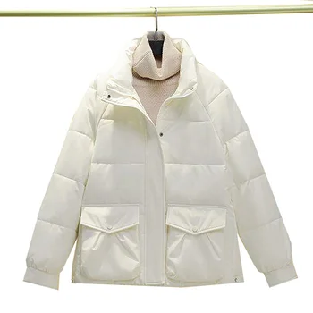 Дамски памучен яке, Есенно-зимни якета с висока яка, Ежедневни потници, Бели, Свободни топове, Дамски връхни дрехи