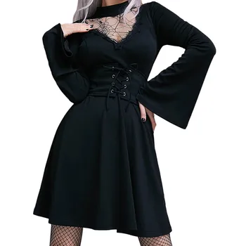 Жена винтажное рокля с дълъг ръкав, черна готик рокля с висока талия
