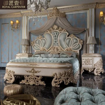 Европейската двойно легло главна спалня на 2 м, голямо легло 1,8 м двойно легло Европейски стил легло от масивна дървесина луксозна вила сватбена легло