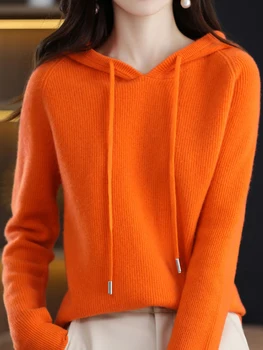 Модерен всекидневни женски вязаный пуловер с качулка 2023, есен/Зима, Нов дамски дебели топъл вълнен пуловер