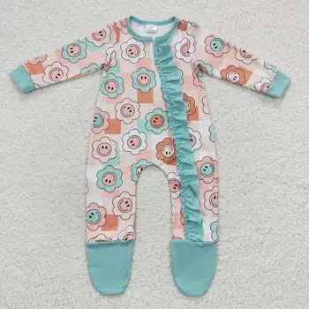 Продажба на едро, Детски дрехи за момиченца в цветен клетка с цип, едно парче гащеризон с цветен модел за деца, Гащеризон с дълъг ръкав за новородено