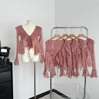Модерна дамска риза с мешковатым V-образно деколте, Розова Елегантна секси блуза за есенния парти дантела, Елегантна къса блуза Y2K