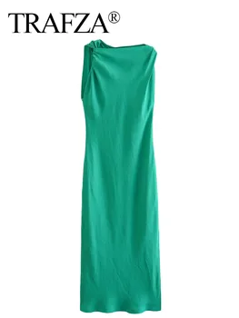 Дамски Елегантни Зелени рокли TRAFZA, Плажни рокли за партита, Шик асиметричен подгъва, Сексуална тънки Рокли със средна дължина, с цепка, женски