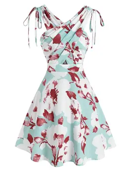 Dressfo Лятото мини рокля, завязанное кръст вратовръзка, Рокля за отдих с цветна принтом, Женствена рокля без ръкави с V-образно деколте и изрези