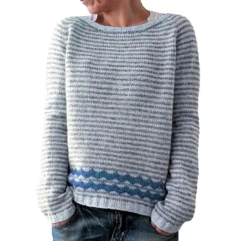 Жена пуловер Стилен женски есенен пуловер Стилен ретро женски пуловер с цветни блокчета Уютен трикотаж за есен-зима