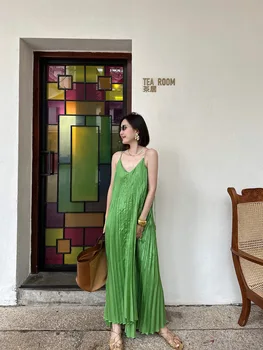 Секси рокля на спагети презрамки 2023, Модерно Зелено плиссированное рокля, Ново лятна Дълга рокля на Жената
