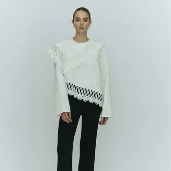 EOS, нова дамска риза 2023, есенно-зимния асиметричен дизайн, завързана пуловер с ревера и дълъг ръкав, топ