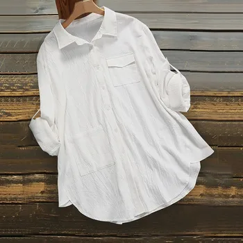 Дамски модни тениски-жилетки копчета, обикновена свободни блузи с отложным яка, дамски ежедневни блузи големи размери с дълъг ръкав