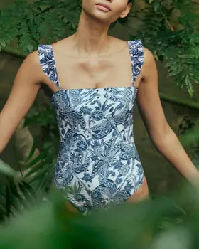 Френски ретро цял бански със сини принтом и пола с флорални дизайн, обтягивающая плажно облекло, Екстремно Бикини, Нов бански костюм за жени 2023