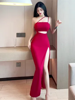 Лятно Дамско Секси Вечерна рокля с наклонени рамене и висока талия 2023, Рокля с цепка, Вино-червено Елегантно Модно рокля с изрези UW4N