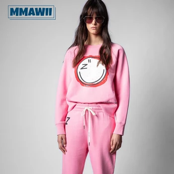 Hoody с кръгло деколте и принтом под формата на Смайлика MMAWII 2023, Есенна Свободна спортни дрехи с дълъг ръкав, Дамски дрехи