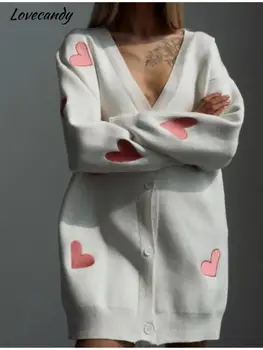 Жена жилетка оверсайз розов цвят, с принтом сърцата, Мека тънка вязаная сако с V-образно деколте, Зимен ретро женски пуловер копчета