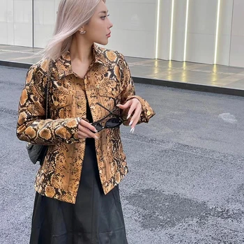 новост есента 2023, копчета и дълъг ръкав, украсени с ревери, модни и ежедневни дивата корея дамски яке-модел питон y2k