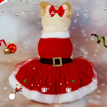 Рокля за домашни любимци, Коледен костюм за домашен любимец, Блестящо Сетчатое рокля Дядо Коледа с лента за коса За ваканционни снимки