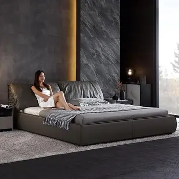 Италианската постмодернистская Кожено легло Луксозна модерна минималистичная легло за главния спални Скандинавски минималистичная Сватбена легло Кожено легло