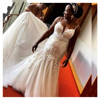 On Жу Секси Сватбени Рокли Африканската Русалка 2023 На Тънки спагети презрамки С Апликации На дантела Отзад, Сватбени рокли Robe de mariee