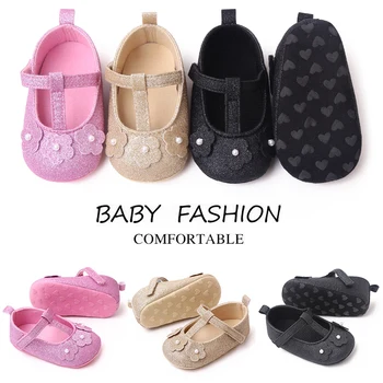 Обувки за момиченца с пайети Mary Jane за първи стъпки на бебето от 3-6 месеца