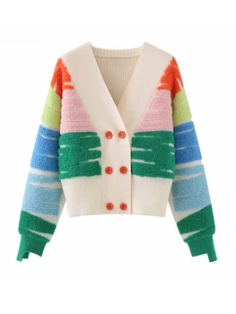 Вязаный пуловер в розово ивица, Жилетка, Женски двубортное трикотажное палто с V-образно деколте, Есен-зима, Свободни Стилни блузи с дълъг ръкав