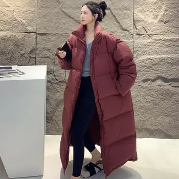 Дълго памучни палто, женски ново сверхдлинное До коляното, Свободна от корейска версия, Удебелена двойка Голям размер, Зимно пуховое памучни палто