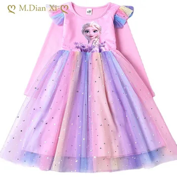 Пролетно-есенни дрехи за момичета 2022, Ново детско рокля на Елза в стил Уестърн с дълги ръкави, рокля с розови модел за момичета